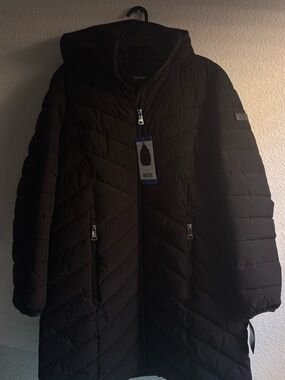 DKNY Black Quilted Hooded Puffer Walking Jacket Cost zipper pockets L